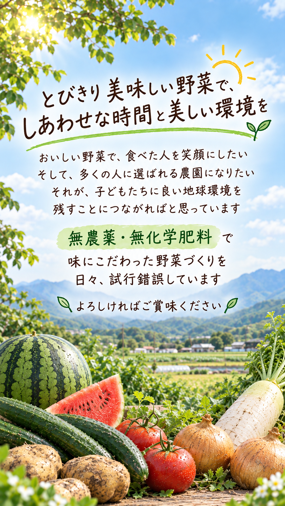 とびきり美味しい野菜で、しあわせな時間と美しい環境を。おいしい野菜で、食べた人を笑顔にしたい。そして、多くの人に選ばれる農園になりたいそれが、子どもたちに良い地球環境を残すことにつながればと思っています。無農薬 ・ 無化学肥料 で、味にこだわった野菜づくりを日々試行錯誤しています。よろしければご賞味ください
