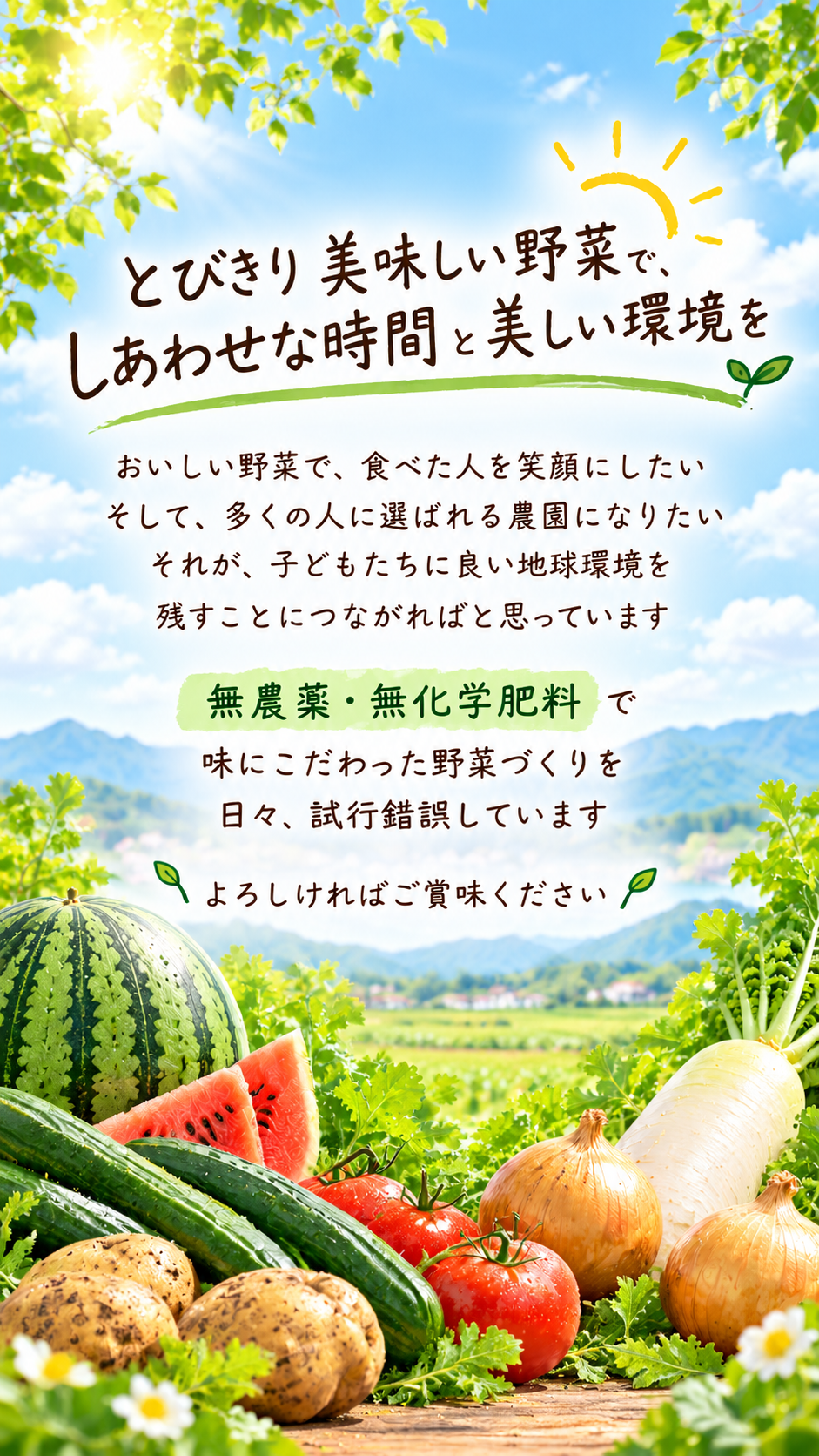 とびきり美味しい野菜で、しあわせな時間と美しい環境を。おいしい野菜で、食べた人を笑顔にしたい。そして、多くの人に選ばれる農園になりたいそれが、子どもたちに良い地球環境を残すことにつながればと思っています。無農薬 ・ 無化学肥料 で、味にこだわった野菜づくりを日々試行錯誤しています。よろしければご賞味ください